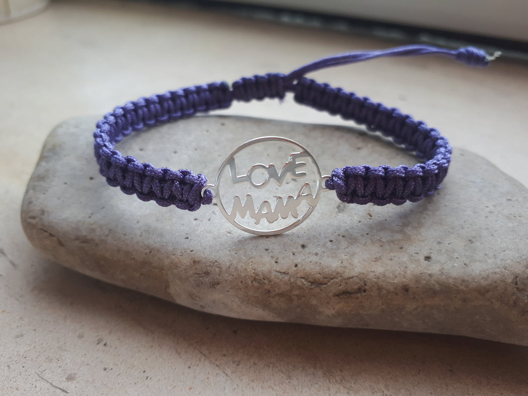 Pulsera de plata macramé Love Mama en nylon morado