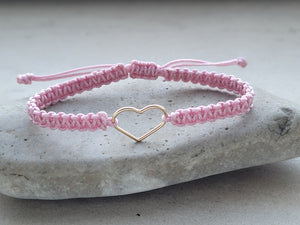 Pulsera corazón plata bañada en oro cordón rosa