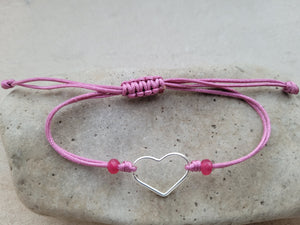 Pulsera corazón de plata con piezas fuxia de jade